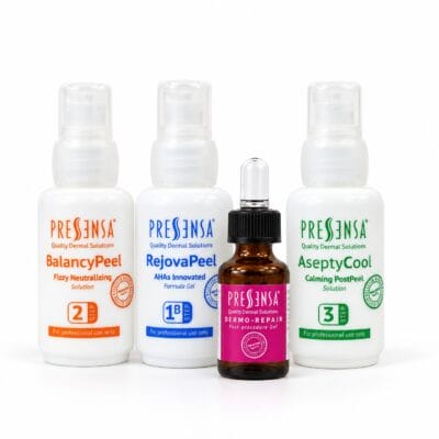 BalancyPeel, RejovaPeel, AseptyCool y Dermo-Repair sin cajas sobre fondo blanco